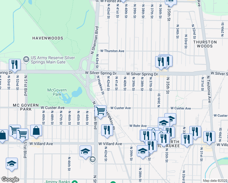map of restaurants, bars, coffee shops, grocery stores, and more near 5500 North 42nd Street in Milwaukee