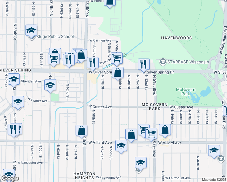 map of restaurants, bars, coffee shops, grocery stores, and more near 5479 North 56th Street in Milwaukee