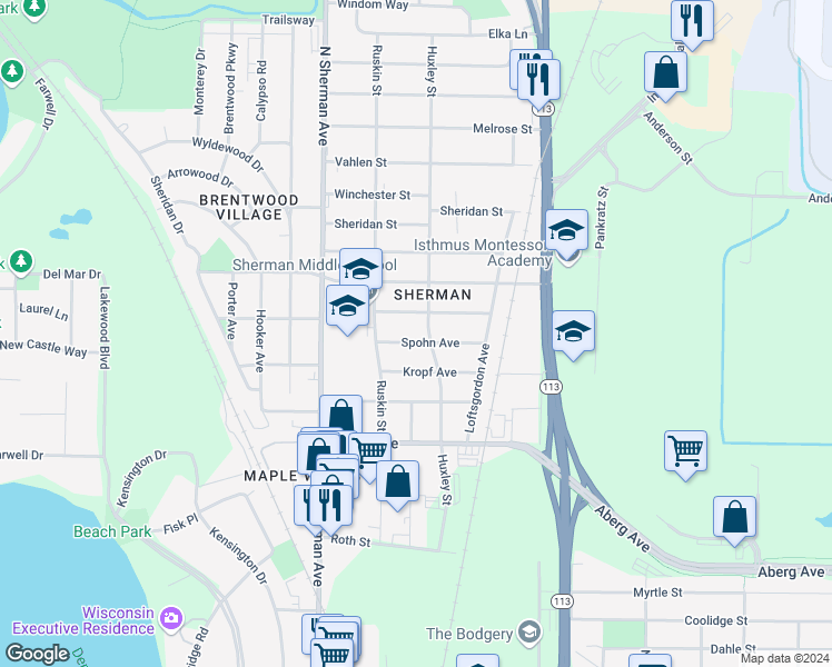 map of restaurants, bars, coffee shops, grocery stores, and more near 1901 Northwestern Avenue in Madison