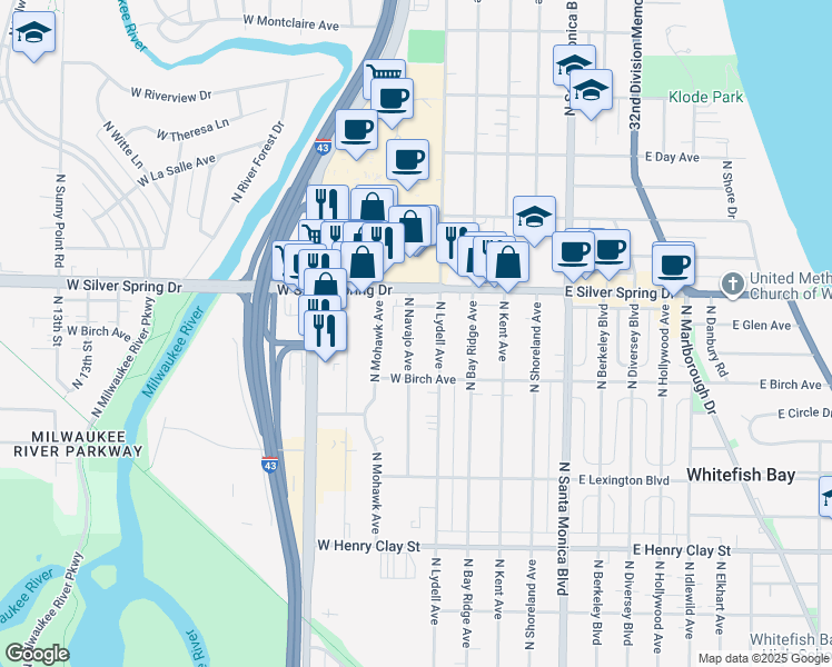 map of restaurants, bars, coffee shops, grocery stores, and more near 5557 North Lydell Avenue in Whitefish Bay