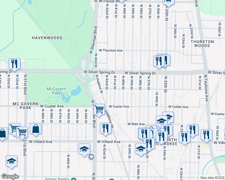 map of restaurants, bars, coffee shops, grocery stores, and more near 5500 North 42nd Street in Milwaukee