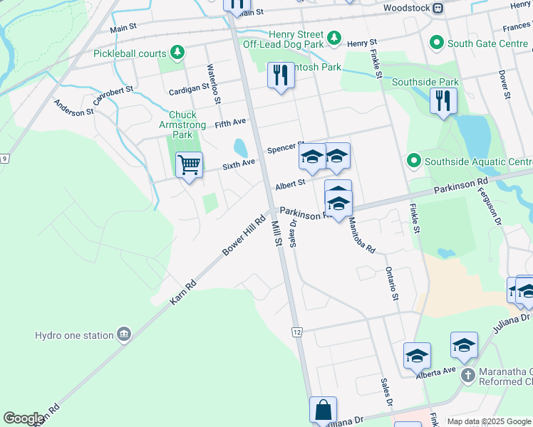 map of restaurants, bars, coffee shops, grocery stores, and more near Bower Hill Road in Woodstock