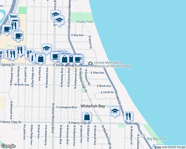 map of restaurants, bars, coffee shops, grocery stores, and more near 825 East Glen Avenue in Whitefish Bay