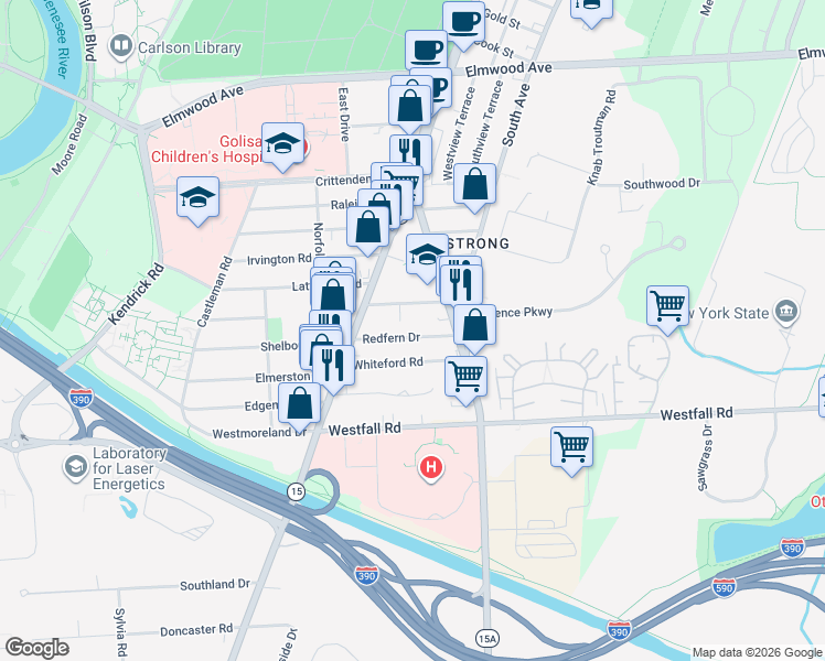 map of restaurants, bars, coffee shops, grocery stores, and more near 84 Redfern Drive in Rochester