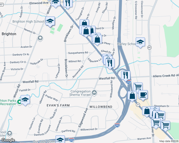 map of restaurants, bars, coffee shops, grocery stores, and more near 105 Stonybrook Dr in Rochester