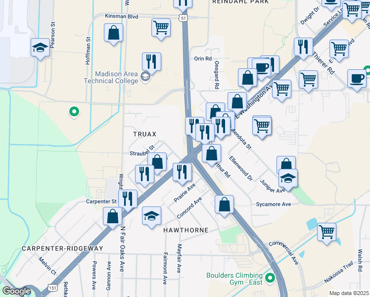 map of restaurants, bars, coffee shops, grocery stores, and more near 1506 North Stoughton Road in Madison