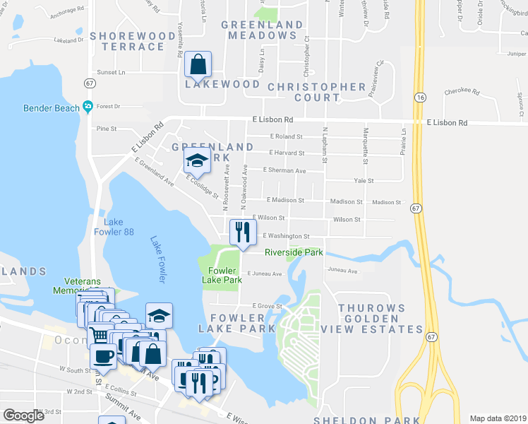 map of restaurants, bars, coffee shops, grocery stores, and more near 630 East Wilson Street in Oconomowoc