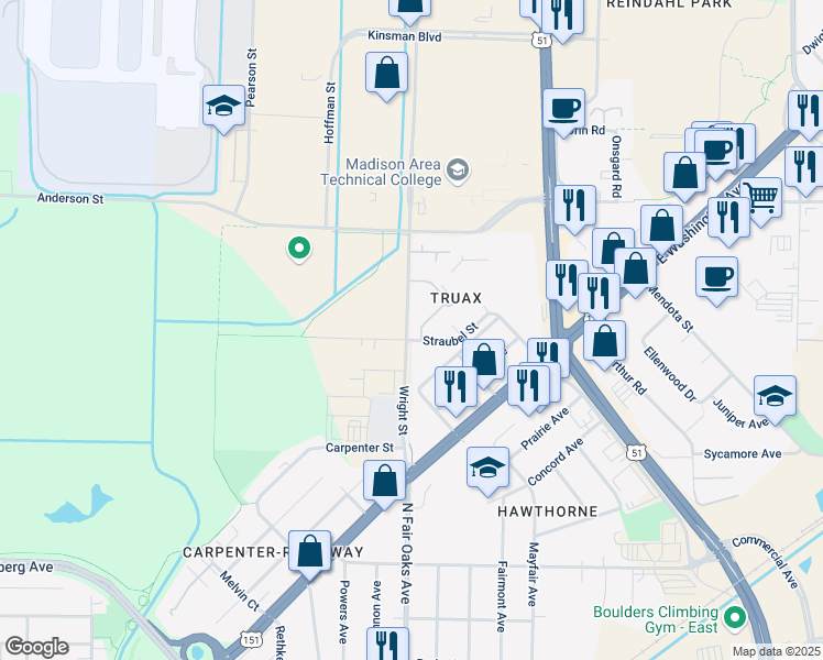 map of restaurants, bars, coffee shops, grocery stores, and more near 1511 Wright Street in Madison