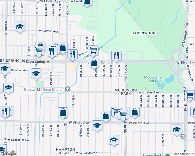 map of restaurants, bars, coffee shops, grocery stores, and more near 5480 North 55th Street in Milwaukee