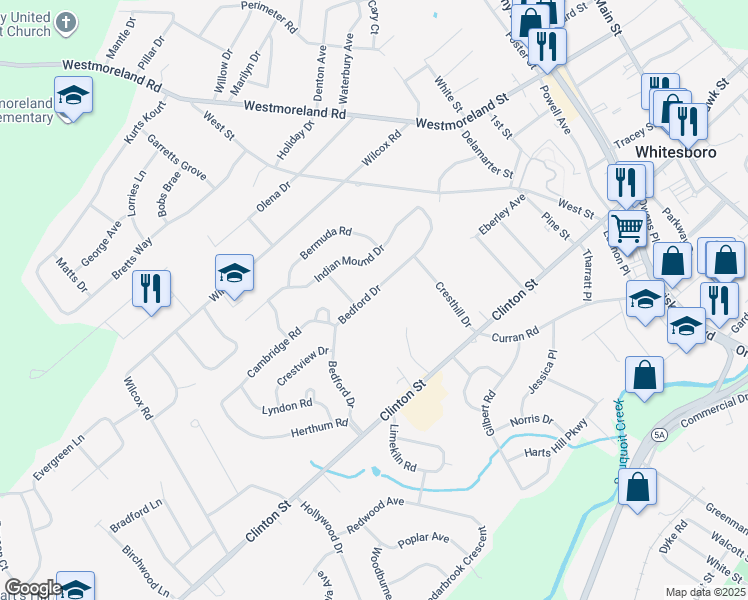 map of restaurants, bars, coffee shops, grocery stores, and more near 73 Bedford Dr in Whitesboro