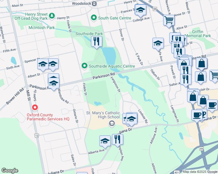 map of restaurants, bars, coffee shops, grocery stores, and more near 140 Ferguson Drive in Woodstock