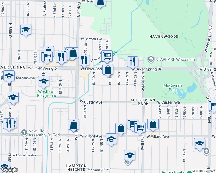 map of restaurants, bars, coffee shops, grocery stores, and more near 5501 West Sheridan Avenue in Milwaukee