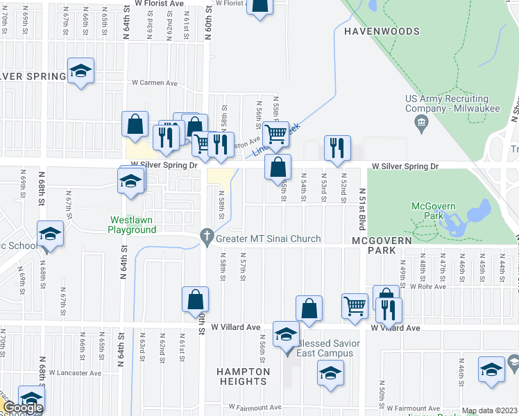 map of restaurants, bars, coffee shops, grocery stores, and more near 5479 North 56th Street in Milwaukee