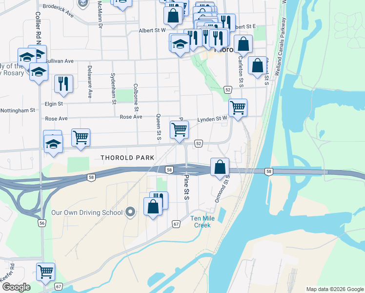 map of restaurants, bars, coffee shops, grocery stores, and more near 103 Pine Street South in Thorold
