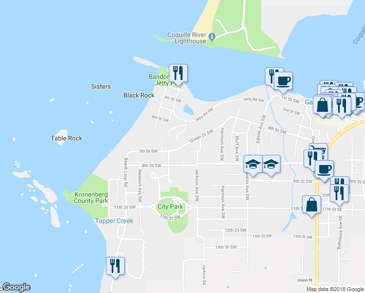 map of restaurants, bars, coffee shops, grocery stores, and more near 975 Ocean Drive Southwest in Bandon