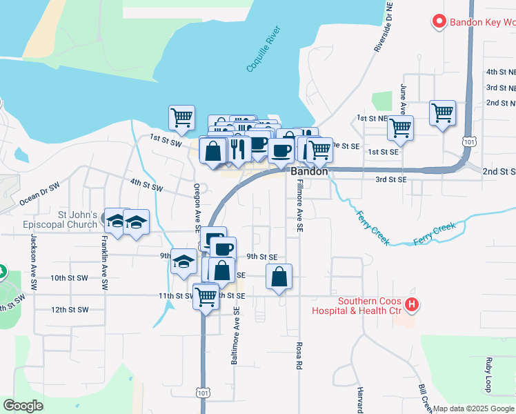 map of restaurants, bars, coffee shops, grocery stores, and more near 435 Chicago Avenue Southeast in Bandon