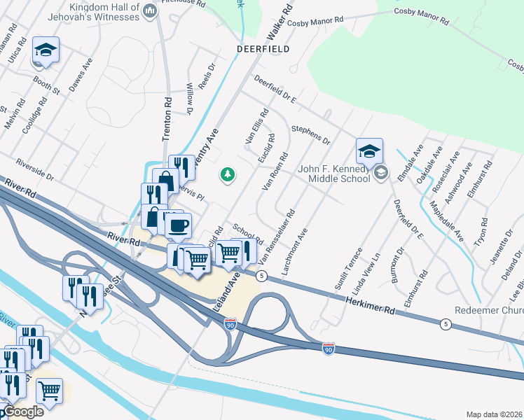 map of restaurants, bars, coffee shops, grocery stores, and more near 410 Van Roen Road in Utica