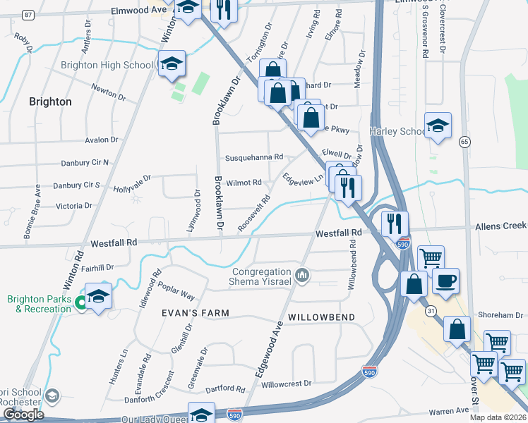 map of restaurants, bars, coffee shops, grocery stores, and more near 172 Roosevelt Road in Rochester