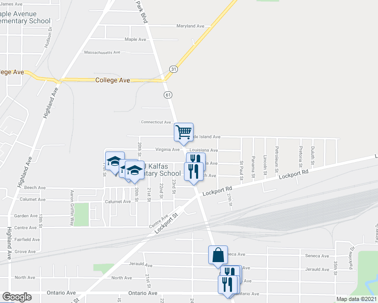 map of restaurants, bars, coffee shops, grocery stores, and more near 3265 Hyde Park Boulevard in Niagara Falls