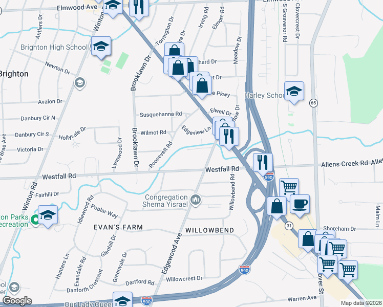 map of restaurants, bars, coffee shops, grocery stores, and more near 105 Stonybrook Drive in Rochester