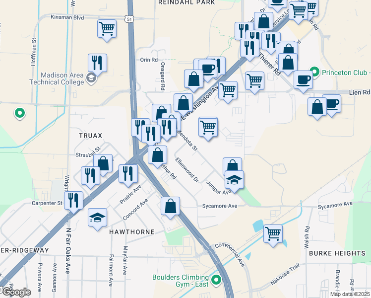 map of restaurants, bars, coffee shops, grocery stores, and more near 3817 Hoover Dr in Madison