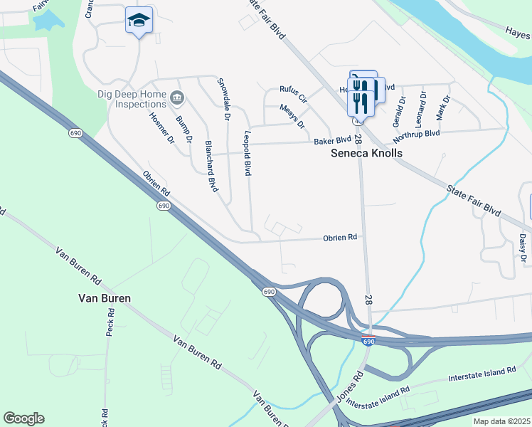 map of restaurants, bars, coffee shops, grocery stores, and more near 225 Leopold Boulevard in Syracuse