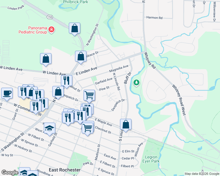 map of restaurants, bars, coffee shops, grocery stores, and more near 119 Pine Street in East Rochester