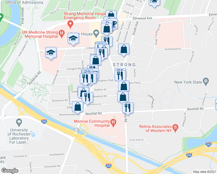 map of restaurants, bars, coffee shops, grocery stores, and more near 84 Redfern Drive in Rochester