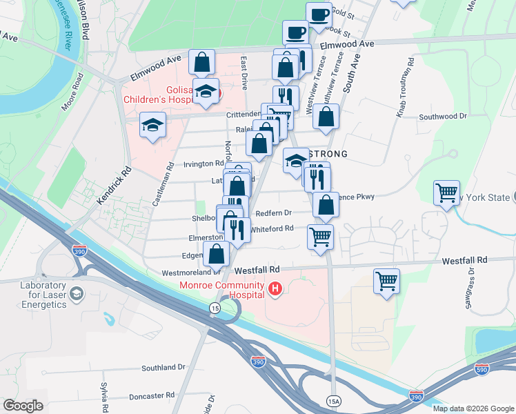 map of restaurants, bars, coffee shops, grocery stores, and more near 1660 Mount Hope Avenue in Rochester