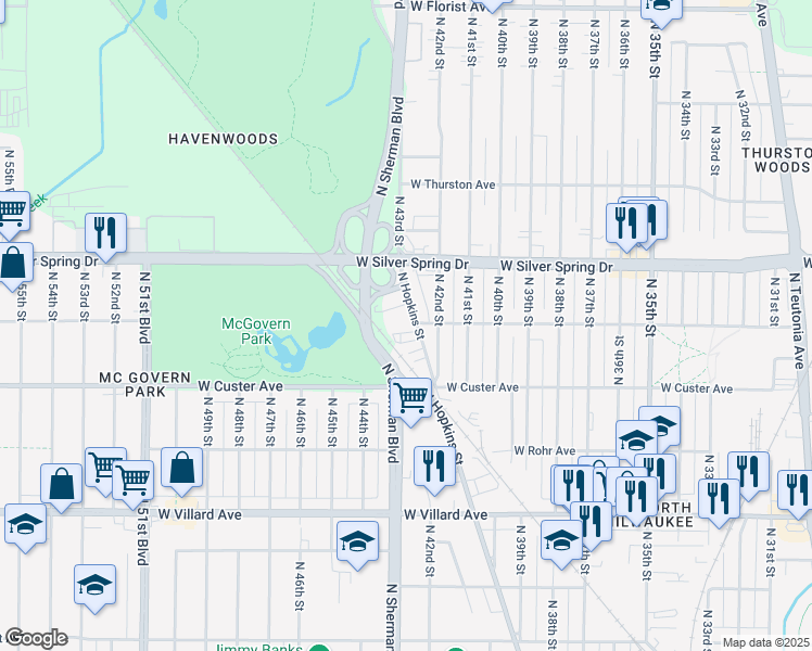 map of restaurants, bars, coffee shops, grocery stores, and more near 5485 North Hopkins Street in Milwaukee