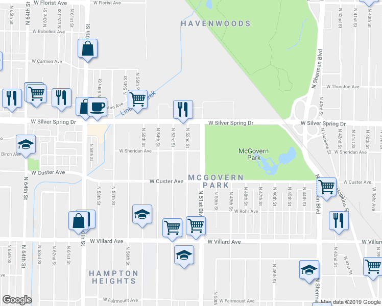 map of restaurants, bars, coffee shops, grocery stores, and more near 5477 North 51st Boulevard in Milwaukee