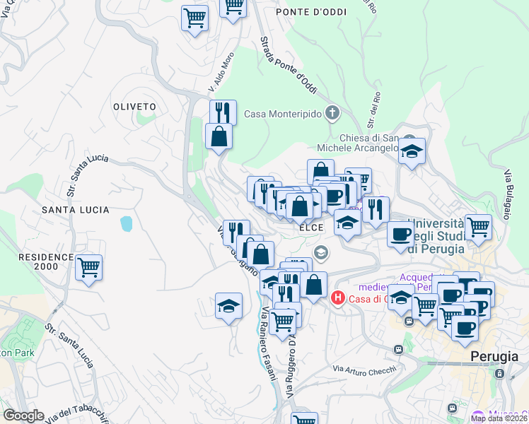 map of restaurants, bars, coffee shops, grocery stores, and more near 109 Via Annibale Vecchi in Perugia