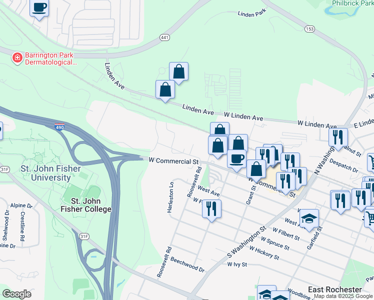 map of restaurants, bars, coffee shops, grocery stores, and more near 2 Country Club Road in East Rochester