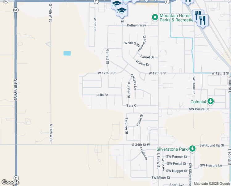 map of restaurants, bars, coffee shops, grocery stores, and more near 945 Julia Street in Mountain Home