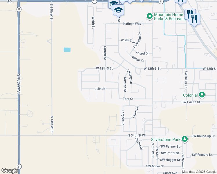 map of restaurants, bars, coffee shops, grocery stores, and more near 945 Julia Street in Mountain Home