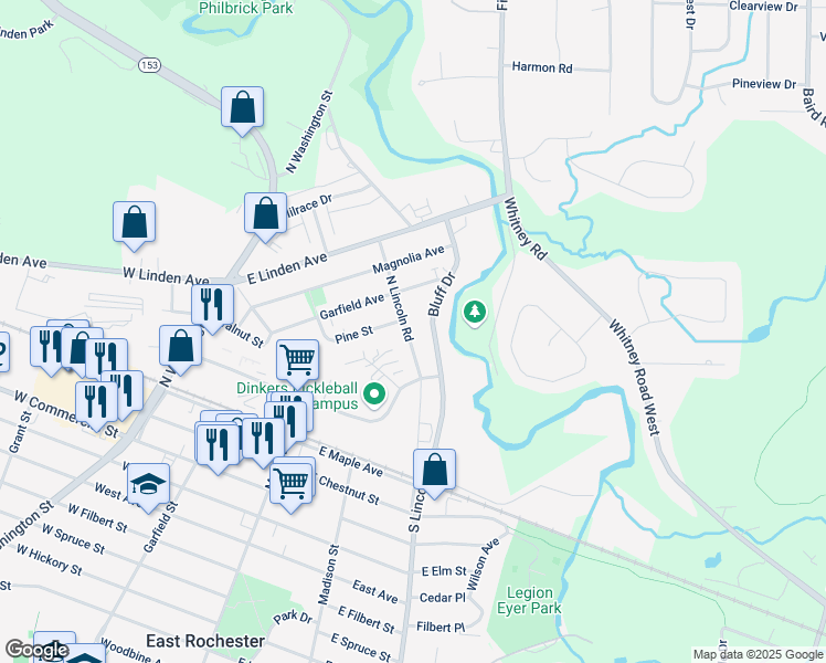 map of restaurants, bars, coffee shops, grocery stores, and more near 118 North Lincoln Road in East Rochester