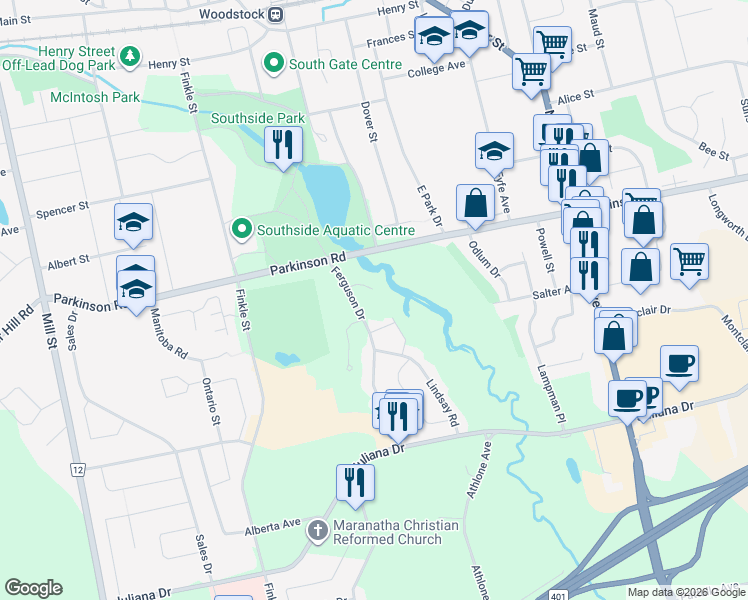 map of restaurants, bars, coffee shops, grocery stores, and more near 159 Ferguson Drive in Woodstock