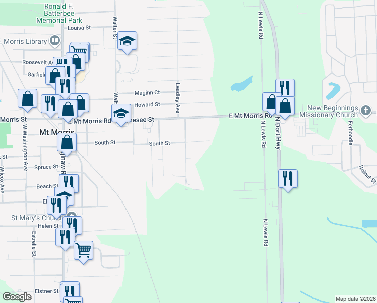 map of restaurants, bars, coffee shops, grocery stores, and more near 7450 Brockway Street in Mount Morris