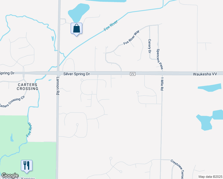 map of restaurants, bars, coffee shops, grocery stores, and more near N56W19781 Silver Spring Drive in Menomonee Falls