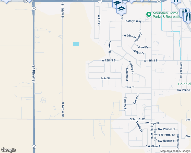 map of restaurants, bars, coffee shops, grocery stores, and more near 1105 Julia Street in Mountain Home