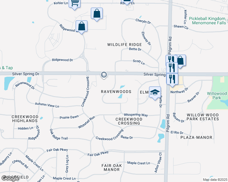 map of restaurants, bars, coffee shops, grocery stores, and more near W162N5516 Westwind Drive in Menomonee Falls