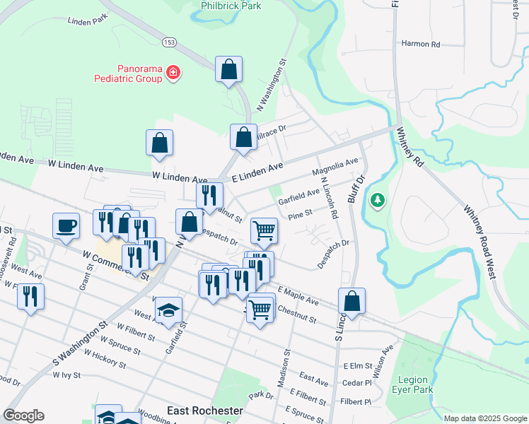map of restaurants, bars, coffee shops, grocery stores, and more near 212 Garfield Avenue in East Rochester