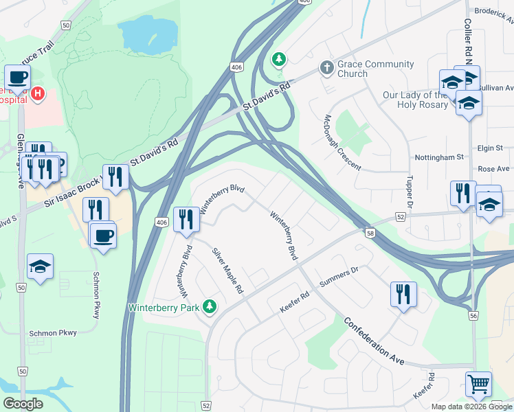 map of restaurants, bars, coffee shops, grocery stores, and more near 126 Winterberry Boulevard in Thorold