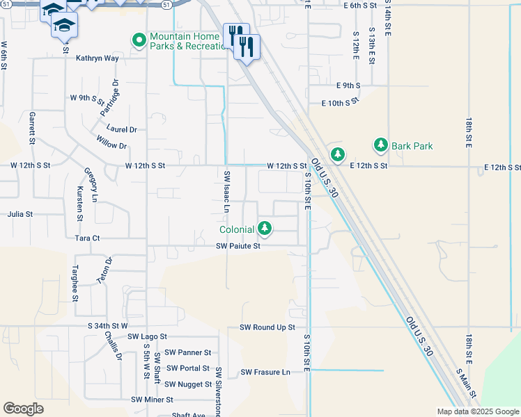 map of restaurants, bars, coffee shops, grocery stores, and more near 1010 Southwest Colonial in Mountain Home