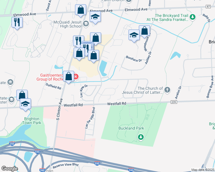 map of restaurants, bars, coffee shops, grocery stores, and more near 163 Montpelier Circle in Rochester
