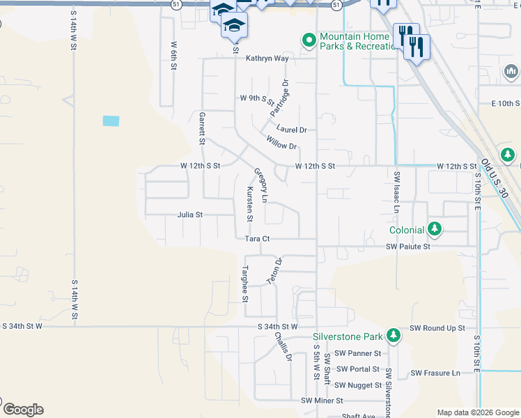 map of restaurants, bars, coffee shops, grocery stores, and more near 1370 Kursten Street in Mountain Home