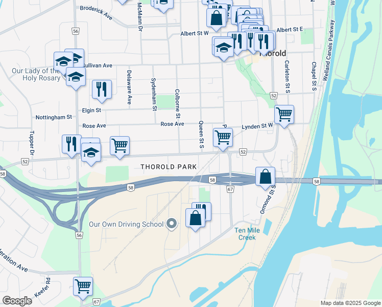 map of restaurants, bars, coffee shops, grocery stores, and more near 52 Richmond Street in Thorold