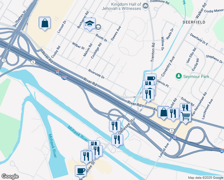 map of restaurants, bars, coffee shops, grocery stores, and more near 107 Wells Place in Utica