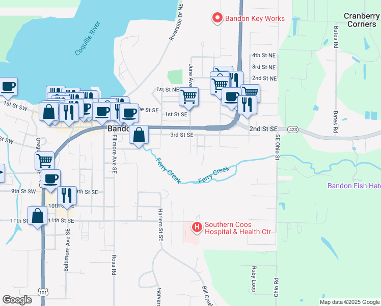 map of restaurants, bars, coffee shops, grocery stores, and more near 572 June Avenue Southeast in Bandon