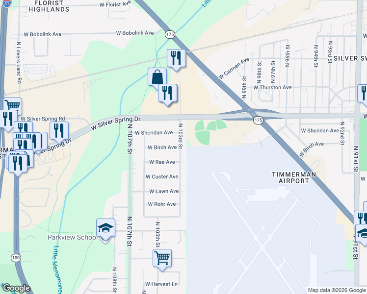 map of restaurants, bars, coffee shops, grocery stores, and more near 5478 North 103rd Street in Milwaukee